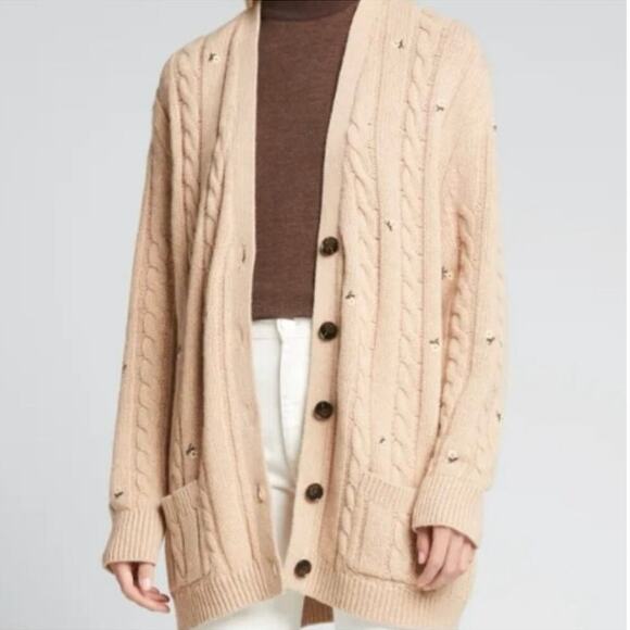 The Great. Embroidered Cable Knit Cashmere Wool Cardigan In Oatmeal XS - Picture 1 of 7